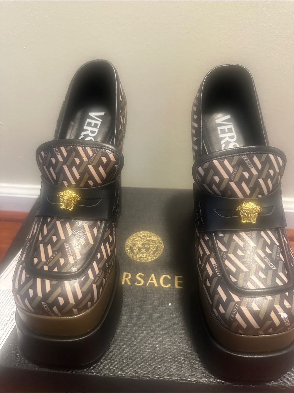 Versace Brown & Black Patterned Leather Slip-On Loafers with Gold Medusa